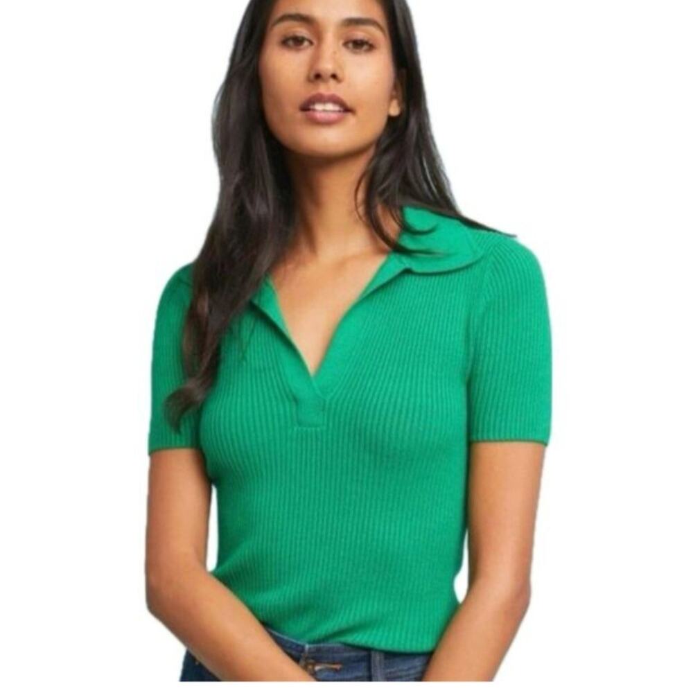 Anthropologie MOTH Green Ribbed Knit Short Sleeve Collar Sweater Top XS